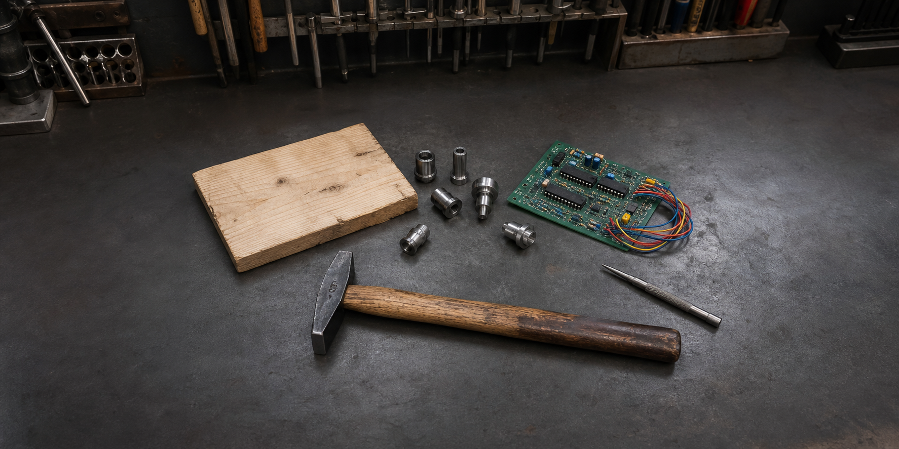 Gebrauchtes Holzbrett, locker angeordnete Metallteile, Schlosserhammer und realistisch bestückte Elektronikplatine auf einer Werkbank