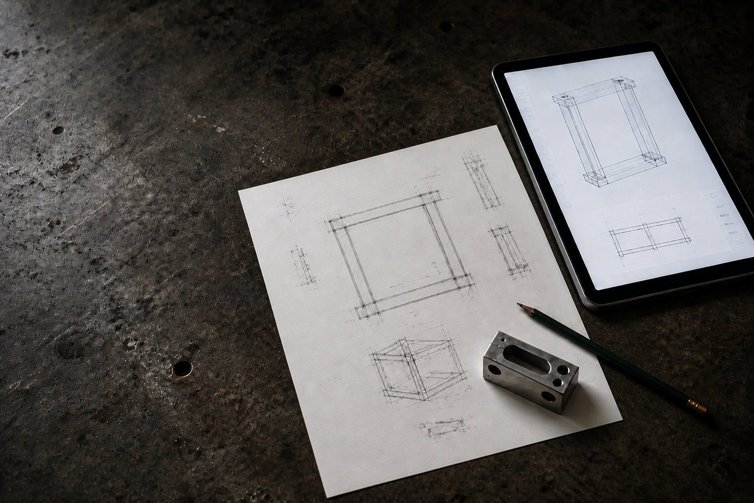 Lockere Handskizze auf Papier neben einem präzisen CAD-Drahtmodell auf einem Tablet